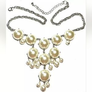 Gold Tone and Faux Pearl Statement Bib Necklace 20"-23" Excellent condition
